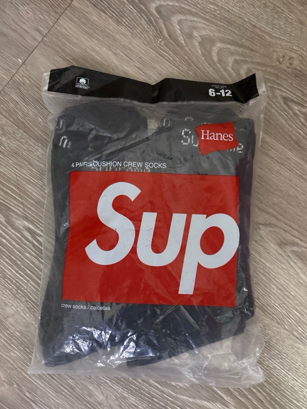 Hanes Black Crew Socks 4-Pack with Red Supreme Box Logo